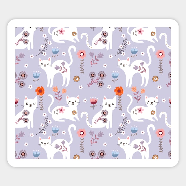 Cats pattern with flowers Sticker by timegraf